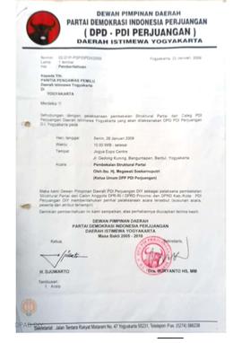 Surat dari Dewan Pimpinan Daerah Partai Demokrasi Indonesia Perjuangan DIY untuk Panitia Panwaslu...