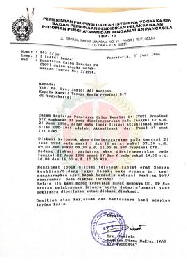 Surat dari Kepala BP-7 Daerah Istimewa Yogyakarta Drs. Samidi Adi Martono Kepala Kantor Wilayah T...