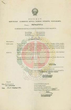 Petikan Keputusan Gubernur Kepala Daerah Istimewa Yogyakarta nomor: 365/Pem.D/UP/DI tentang mutas...