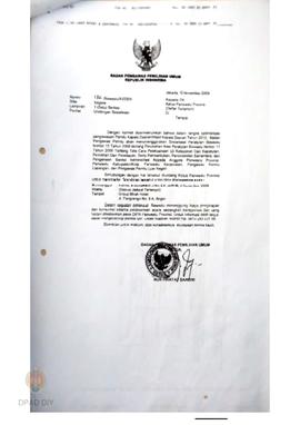 Surat dari Bawaslu kepada Ketua  Panwaslu DIY perihal Sosialisasi Peraturan Bawaslu 15/2009.