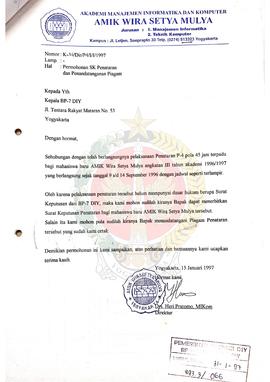 Surat dari Direktur Amik Wira Setya Mulya Yogyakarta kepada Kepala BP-7 Daerah Istimewa Yogyakart...