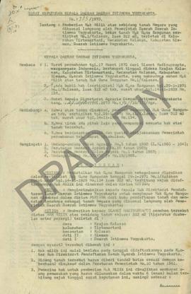 Surat Keputusan Kepala Daerah DIY, no. 383/1973 tanggal 19 Oktober 1973 tentang pemberian Hak Mil...