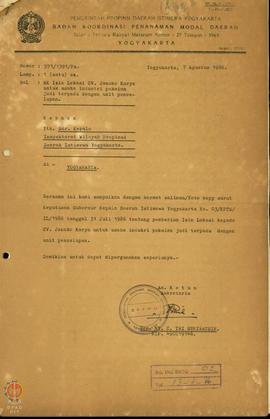 Surat dari BKPMD Yogyakarta Nomor : 571/1391/p2, tanggal 7 Agustus 1986 perihal Surat Keputusan G...