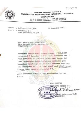 Surat dari Pembantu Rektor III atas nama Rektor Universitas Pembangunan Nasional Veteran Yogyakar...