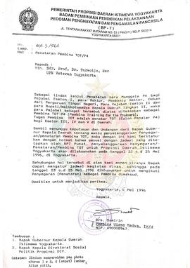 Surat dari Kepala BP-7 Daerah Istimewa Yogyakarta kepada Saudara Prof. Dr.Tarwotjo, Msc Universit...