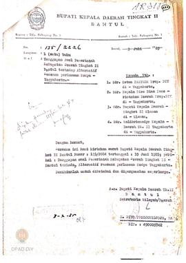 Surat dari Bupati Kepala Daerah Tingkat II Bantul No. 135/ 2084 tanggal 15 Juni 1985 kepada Guber...