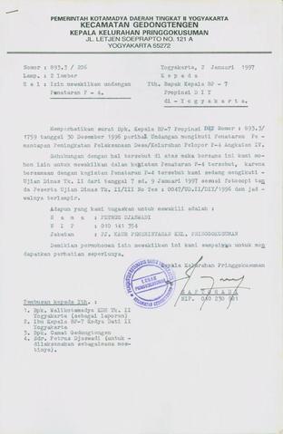 Surat Dari Kepala Kelurahan Pringgokusuman Saptohadi Kepada Kepala ...