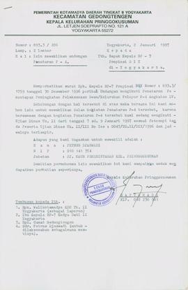 Surat dari Kepala Kelurahan Pringgokusuman Saptohadi kepada Kepala  Badan Pembina Pendidikan Pela...