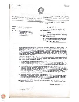 Surat dari Setwilda Provinsi DIY kepada Menteri Dalam Negeri tentang permohonan penjelasan pemben...