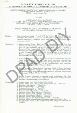Surat Keputusan Kepala Kantor Wilayah Badan Pertanahan Nasional Provinsi DIY. No : 144 /SK / HGB ...