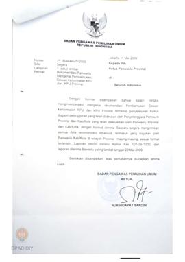 Surat tentang rekomendasi Panwaslu mengenai pembentukan Dewan Kehormatan KPU dan KPU Propinsi.
