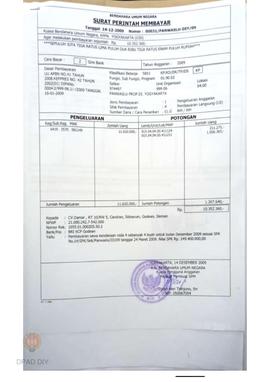 Surat Perintah Membayar No 00031/PANWASLU-DIY/09 sejumlah Rp 10.352.360 untuk pembayaran sewa ken...