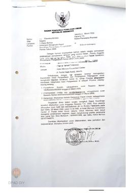 Surat dari Badan Pengawas Pemilu   untuk Ketua  Panwaslu Provinsi DIY perihal Rapat Koordinasi Pe...