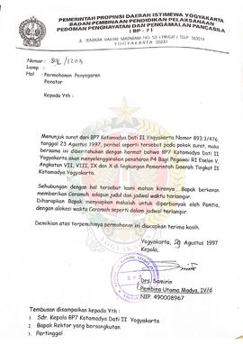 Surat dari Kepala BP-7 Daerah Istimewa Yogyakarta Kepada : - perihal permohonan memberikan cerama...