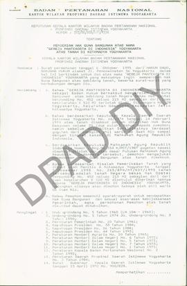 Surat Keputusan Kepala Kantor Wilayah Badan Pertanahan Nasional Provinsi DIY. No : 727/SK / HGB /...