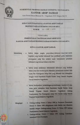 Surat Keputusan Kepala Kantor Arsip Daerah Provinsi Daerah Istimewa Yogyakarta nomor: 23/KEP/2000...