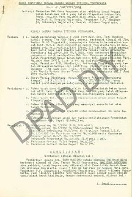 Surat keputusan Gubernur Kepala Daerah DIY, no. 11/HAK/KPTS/1979 tanggal  10 Januari 1979 tentang...