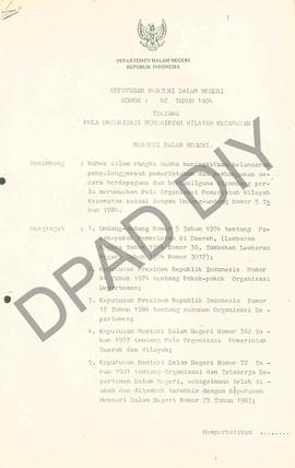 Surat Keputusan Menteri Dalam Negeri No : 82 Tahun 1984 tanggal 17 Nopember 1984 tentang Pola Org...