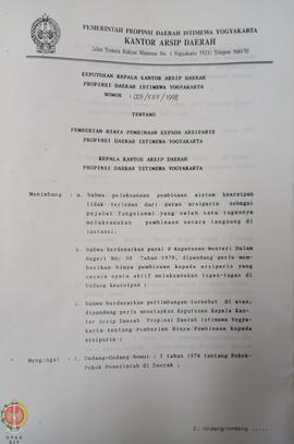 Surat Keputusan Kepala Kantor Arsip Daerah Provinsi Daerah Istimewa Yogyakarta Nomor: 005/KEP/199...