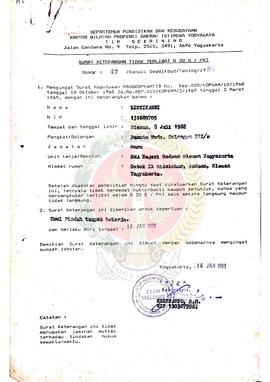 Surat Keterangan Tidak terlibat G.30S/PKI dari Ketua u.b. Sekretaris Team Screening Kantor Wilaya...
