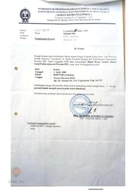 Surat dari Badan Kesbanglinmas kepada Panwaslu propinsi DIY perihal permohonan peserta Rapat Kerj...