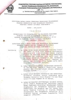 Surat Keputusan Kepala BP-7 Daerah Istimewa Yogyakarta Nomor: 893.3/670 tentang Pembentukan Tim P...