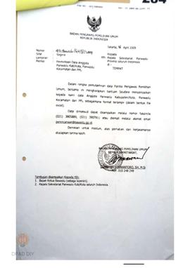 Surat dari Badan Pengawas Pemilu   RI perihal permintaan data anggota panwaslu Kabupaten/Kota, Pa...