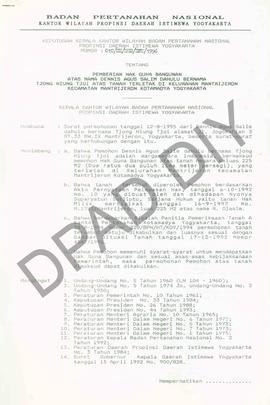 Surat Keputusan Kepala   Kantor Wilayah Badan Pertanahan Nasional Provinsi DIY. No :  010 /SK / H...