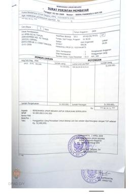 Surat Perintah Membayar No. 00006/PANWASLU-DIY/09 sejumlah Rp 51.930.000 untuk penggantian uang p...
