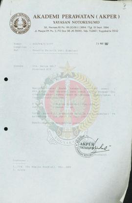 Surat dari Direktur Akademi Perawatan (Akper) Yayasan Notokusumo Yogyakarta kepada Ketua BP-7 Pro...
