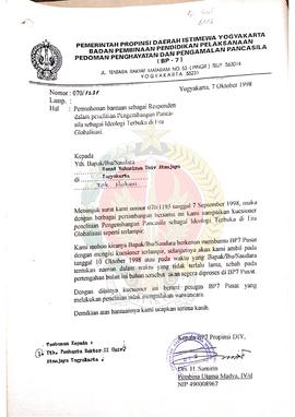 Surat dari Kepala BP-7 Provinsi Daerah Istimewa Yogyakarta kepada Senat Mahasiswa Universitas Atm...