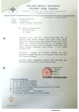 Surat masuk perihal penugasan mobil klinik ditujukan kepada pengurus cabang PMI se Jawa Tengah.