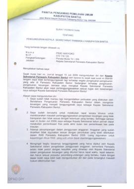 Surat pernyataan tentang pengunduran Kepala Sekretariat Panwaslu Kabupaten Bantul atas nama Pidie...