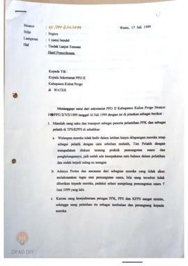 Surat No. 191/PPD II/VII/1999 kepada sekretariat PPD II Kabupaten Kulon Progo tentang tindak lanj...