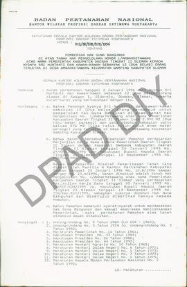 Surat Keputusan Kepala Kantor Wilayah Badan Pertanahan Nasional Provinsi DIY. No : 012 /SK / HGB ...