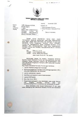 Surat dari BawasluNo : 358 / L / Bawaslu / IX / 2008 kepada Panwaslu perihal Rapat  Kerja kesekre...
