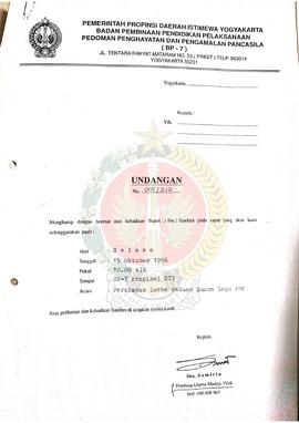 Surat Undangan dari Kepala BP-7 kepada Dewan Keseian Yogyakarta, Kepala Kantor Wilayah Departemen...
