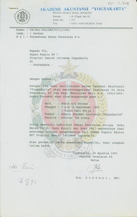 Surat dari Ketua Panitia Penataran P-4 Akademi Akuntansi Yogyakarta kepada Kepala BP-7 Provinsi D...