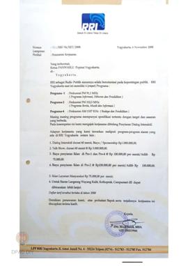 Surat  dari Radio RI kepada Panwaslu Yogyakarta perihal penawaran kerjasama.