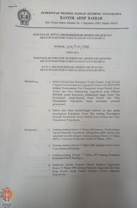 Surat Keputusan Ketua Tim Penerjemah Arsip/Naskah Kuno Kraton dan Puro Pakualaman Yogyakarta nomo...