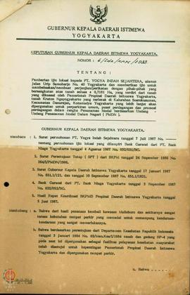 Keputusan Gubernur Kepala DIY Nomor : 6/kpts/IL/1986 tentang pemberian ijin lokasi PT Yogya Indah...