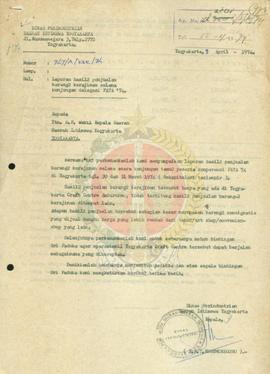 Laporan hasil-hasil penjualan barang-barang kerajinan selama kunjungan delegasi PATA 1974 di Yogy...