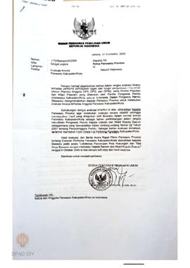 Surat dari Badan Pengawas Pemilihan Umum RI kepada Ketua Panwaslu Provinsi seluruh Indonesia peri...