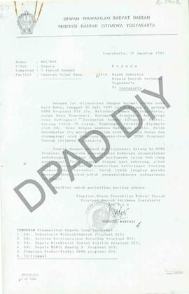 Surat dari Ketua DPRD Propinsi DIY, Subagyo Waryadi kepada Gubernur Daerah Istimewa Yogyakarta te...