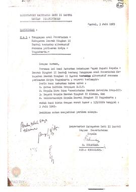 Surat dari Sekretariat Pemda Bantul tertanggal 3 Juli 1985 perihal tanggapan awal Dati II Bantul ...