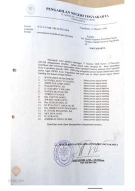Surat dari Pengadilan Negeri Yogyakarta kepada Ketua Panwaslu Provinsi DIY tentang permohonan kla...