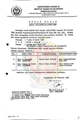 Surat Tugas No: IN/1/R/KP.02.03/756/1996 dari Rektor IAIN Sunan Kalijaga Daerah Istimewa Yogyakar...
