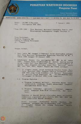 Surat dari Pengurus Pusat Persatuan Wartawan Indonesia kepada Kepala Kantor Wilayah Departemen Pe...