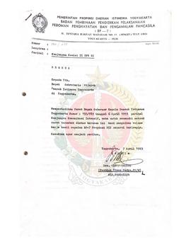 Surat dari Kepala BP-7 Pemerintah Provinsi Daerah Istimewa Yogyakarta kepada Sekretaris Wilayah D...