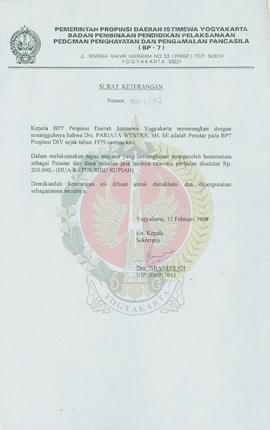 Surat Keterangan nomor: 893.3/197 dari Sekretaris yang bertindak atas nama Kepala BP-7 Pemerintah...